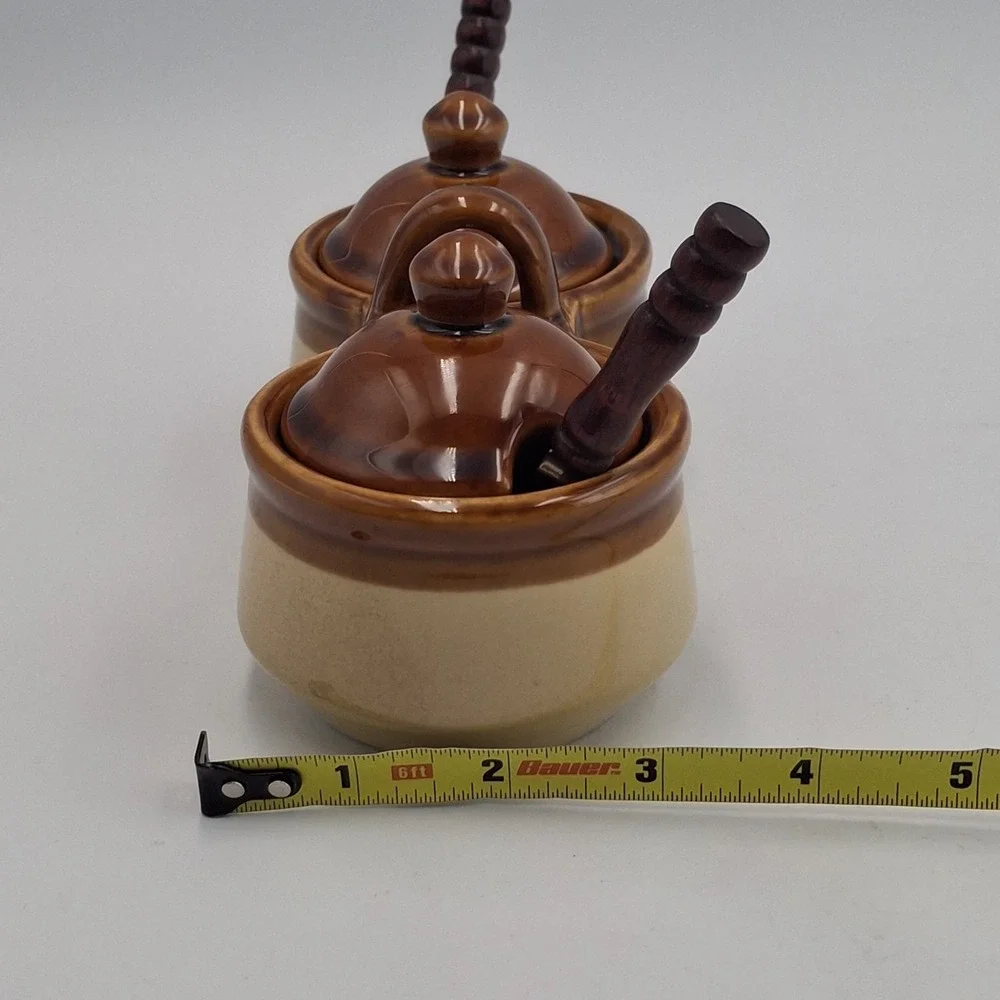 Vintage Stoneware Double Condiment Server Brown Tan Glaze Lidded Caddy w/ Spoons